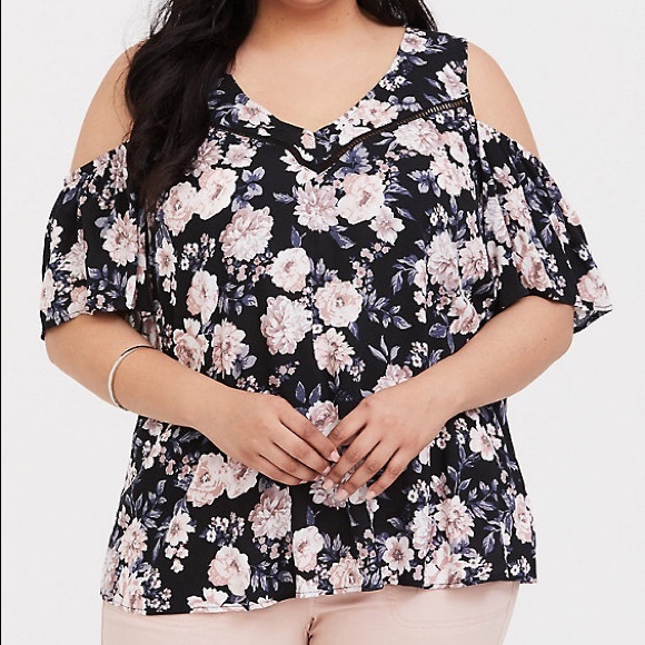 torrid Tops - Torrid BLACK FLORAL COLD SHOULDER BLOUSE size 1